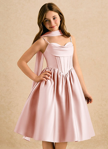 Azazie Shona Girls Formal Flower Girl Dresses Vestido Rosa Corado de Cetim fosco de Linha A com Decote em coração image1