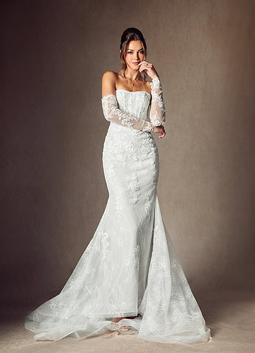 Azazie Caitlin Wedding Dresses Diamond White Mermaid Strapless Lace Dress image1