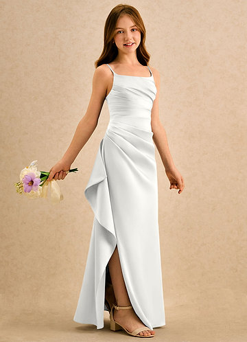 Azazie Cannoli Girls Formal Sukienki dla dziewczynek sypiących kwiaty Linia A Pofałdowany Satyna elastyczna Długość podłogi Sukienka image1