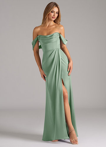 Azazie Johana Suknie dla druhen Syrena Zza ramienia Satyna elastyczna Do ziemi Sukienka image1