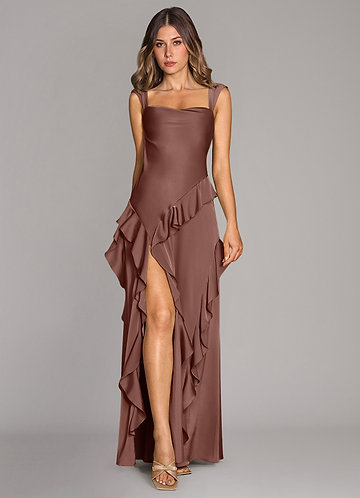 Azazie Sloane Bridesmaid Dresses Vestir Café Expresso de Cetim elástico de Linha A com Decote em coração image1