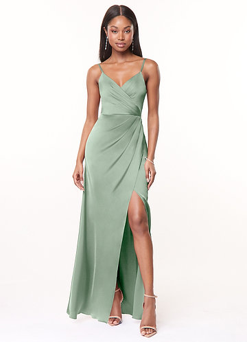 Maci Pistachio A-Line V-Neck Pleated Maxi Satin Dress image1
