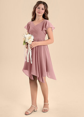 Azazie Janeaurelia Junior Vestido de Rosa Polvorienta de Gasa de Corte En A con Plisado image1