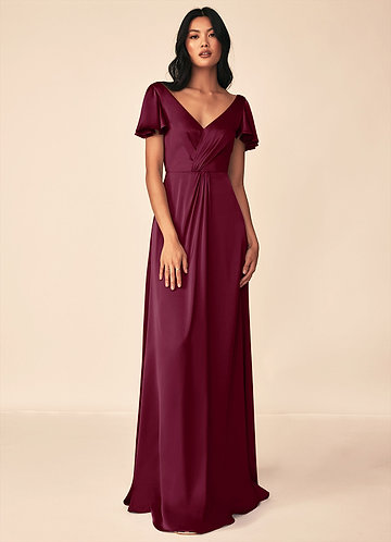 Azazie Soren Bridesmaid Dresses Mulberry A-Line Pleated Stretch Satin Dress image1