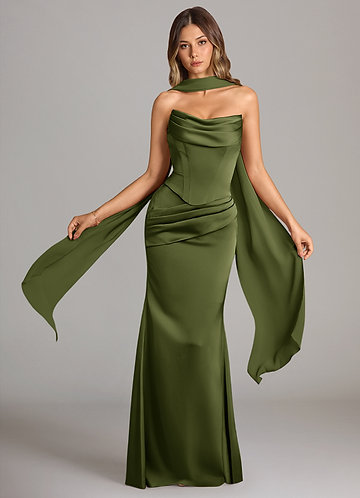 Azazie Sorrel Vestidos Dama de Honor Vestido de Oliva de Satén Elástico de Corte Sirena Convertible con Sin tirantes image1