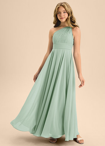 Azazie Charlize Junior Abito A-Line in Chiffon Plissettato Agave image1