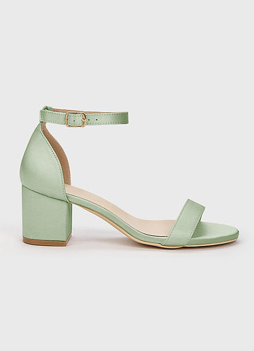 front Matching Color Matte Satin One Strap Buckle Block Low Heel Sandals 0