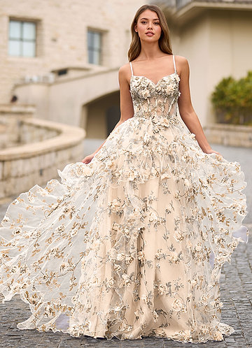 Elara Light Apricot 3D Floral Prom Dress image1