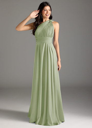 Azazie Charlize Bridesmaid Dresses Dusty Sage A-Line One Shoulder Stretch Satin Dress image1