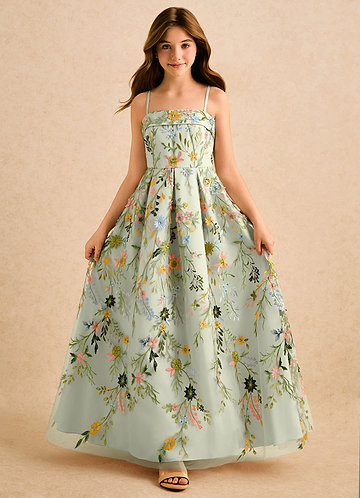 Azazie Lark Girls Formal Blomsterpigekjoler A-Line Plisseret Blonder Gulv-længde Kjole image1
