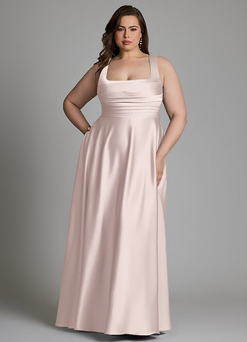 plus size formal dresses blush pink Blushing Bridesmaid quarter length balloon sleeves