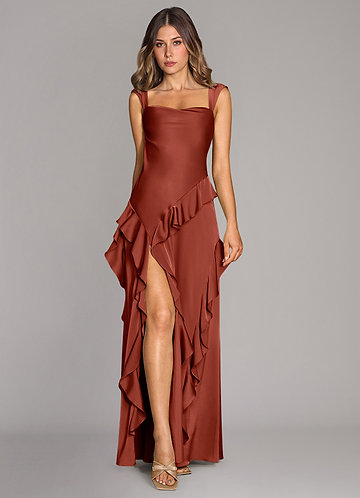 Terracotta Stretch Satin Bridesmaid Dresses | Azazie Terracotta Stretch Satin Bridesmaid Dresses | Azazie