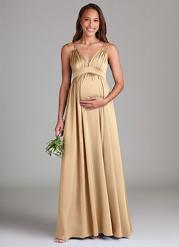 Azazie Emree Maternity Bridesmaid Dresses A-Line Stretch Satin Floor-Length Dress with Pockets image1