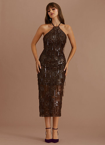 halter neck midi length dress Karen Millen Denim Cut Out Halterneck in Light Blue traditional main image 1