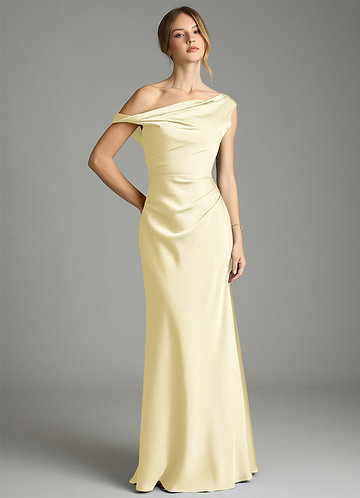 Azazie Emerson Bridesmaid Dresses Vestido Sorvete De Limão de Cetim elástico de sereia com Fora do ombro image1