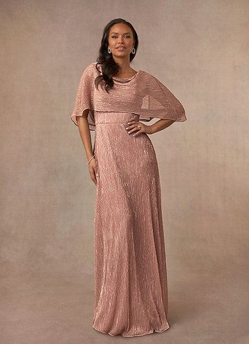 Azazie Loretta Mother of the Bride Dresses Rose Gold A-Line Cowl Cape Metallic Mesh Dress image1