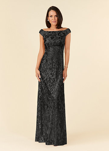 Azazie Porcelain Mother of the Brides Dresses Black A-Line Off the Shoulder Lace Dress image1
