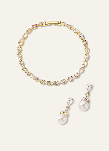 front Smyckeset med pärlor och zirkoniasten