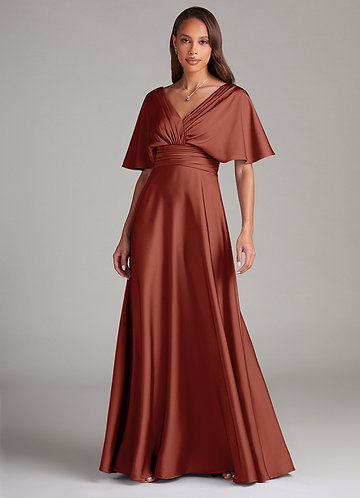 Azazie Pamela Robes Demoiselle d'honneur Robe Trapèze en Satin extensible Plissée Auburn image1