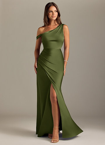 Azazie Madelyn Bridesmaid Dresses Olive Mermaid Off the Shoulder Stretch Satin Convertible Dress image1