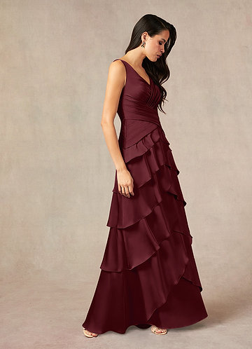 Azazie Viola Abiti Mamma della Sposa Abito A-Line in Raso Elasticizzato Plissettato Cabernet image1