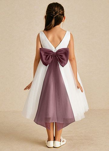 Azazie Kavi Flower Girl Dresses Ivory Sangria A-Line Bow Matte Satin Dress image1