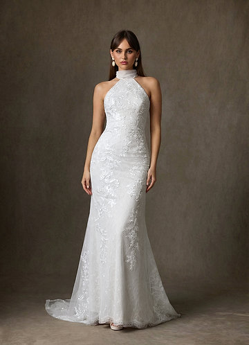 blue dress for baby girl High Neck Long Sleeves Beaded Emboridery Satin A-Line Wedding Dress – Liymc