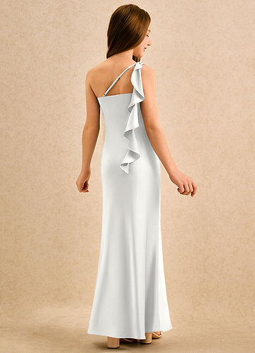 Azazie Almond Girls Formal Sukienki dla dziewczynek sypiących kwiaty Osłona Jedno ramię Satyna elastyczna Długość podłogi Sukienka image1