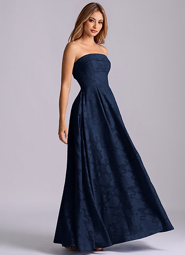 Azazie Lucienne Bridesmaid Dresses Dark Navy A-Line Strapless Floral Burnout Dress image1
