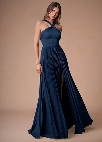 Afra Navy A-Line Pleated Stretch Satin Dress image1