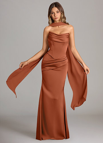 Azazie Sorrel Robes Demoiselle d'honneur Robe Sirène Convertible en Satin extensible Sans bretelle Rose De Cèdre image1