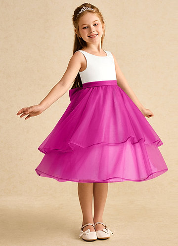 Azazie Rene Blumenkinder Kleider A-Linie Schleifen Tüll Kleid Elfenbein Fuchsia image1