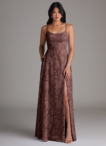 Azazie Moira Abiti da Damigella Abito A-Line in Burnout Floreale Spacco Laterale Espresso image1