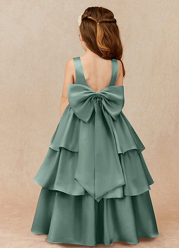 Azazie Margie Flower Girl Dresses Eucalyptus A-Line Bow Stretch Satin Dress image1