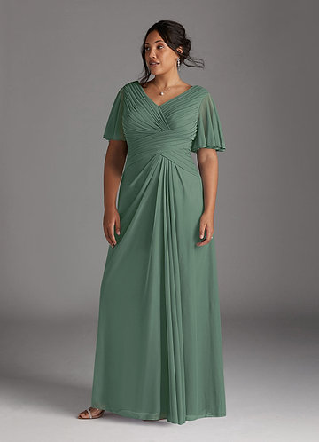 Azazie Emmeline Mother of the Brides Dresses Eucalyptus A-Line V-Neck Pleated Mesh Dress image1