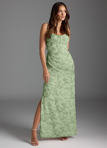 Azazie Mai Bridesmaid Dresses Green Fern Floral Sheath Pleated Chiffon Dress image1