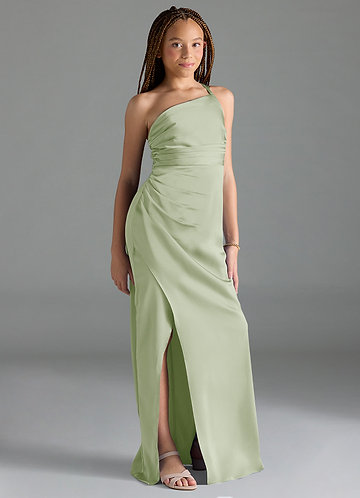 Azazie Eren Junior Dusty Sage Sheath Pleated Stretch Satin Dress image1