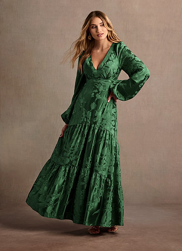 long sleeve green wedding guest dress Floral Velvet Pleated V-Neck Wedding Guest Dress with Pockets