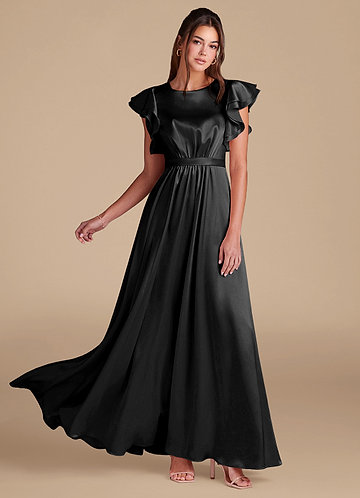 Azazie Daphne Modest Bridesmaid Dresses A-Line Ruched Metallic Satin Floor-Length Dress image1