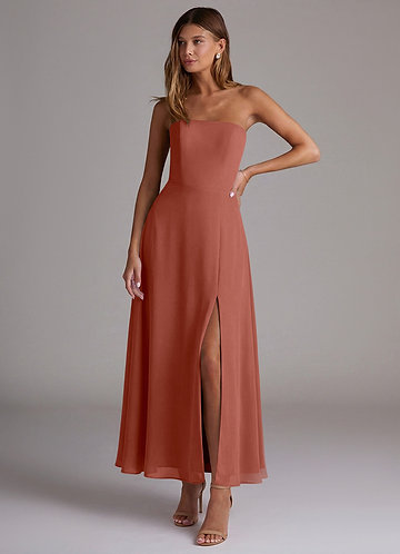 Azazie Wren Bridesmaid Dresses Vestido Castanho Aloirado de Chiffon de Linha A com Sem alças image1
