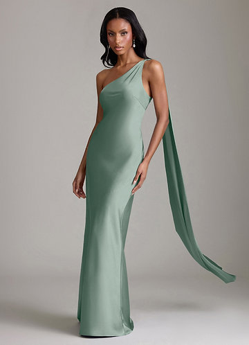 Azazie Juniper Brudtärneklänningar Klä av Sjöjungfru i Stretch Satin Ena axeln Silversalvia image1