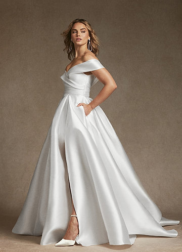 Azazie Michelle Wedding Dresses Diamond White A-Line Off the Shoulder Mikado Dress image1