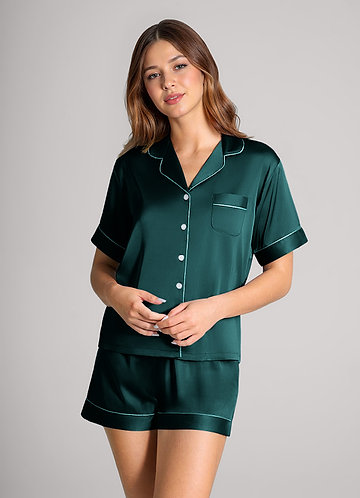 front Matching Color Satin Contrast Piping Pajama Set