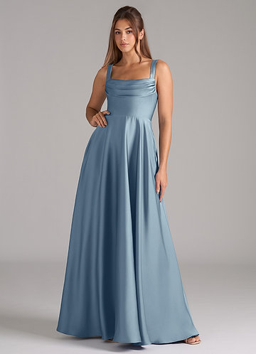 Azazie Shaude Bridesmaid Dresses Dusty Blue A-Line Pleated Stretch Satin Dress image1