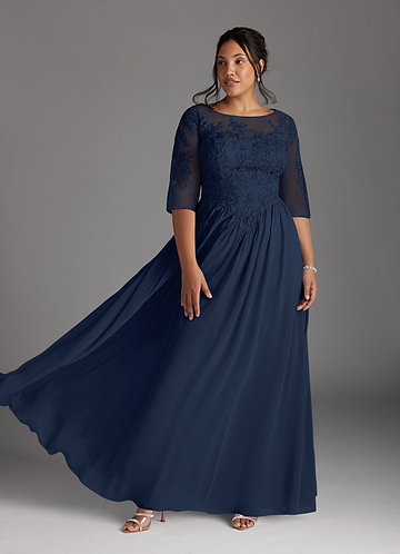 Azazie Mirielle Brautmutterkleider A-Linie Schaufel Spitze Chiffon Kleid Dunkelmarine image1