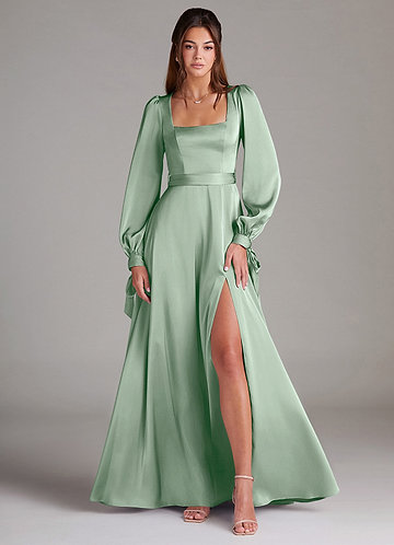 Azazie Leonia Robes Demoiselle d'honneur Robe Trapèze en Satin extensible Manche longue Agave image1