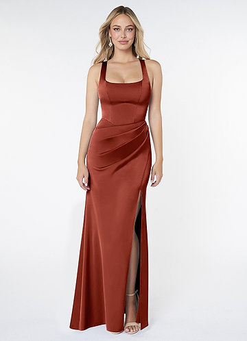 Azazie Mero Robes Demoiselle d'honneur Robe Sirène en Satin extensible Plissée Terracotta image1