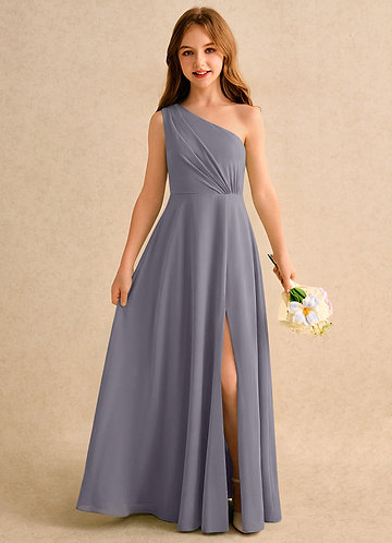 Azazie Puddles Girls Formal Robes de Fillette d'Honneur Robe Trapèze en Mousseline de soie Une épaule Ombre image1