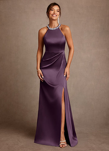 plum fall wedding guest dress Neve Silky Satin Feather Slip Dress Plum | Wedding Guest Dress main image 1