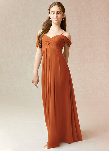 Azazie Kaitlynn Junior Cinnamon A-Line Off the Shoulder Chiffon Dress image1